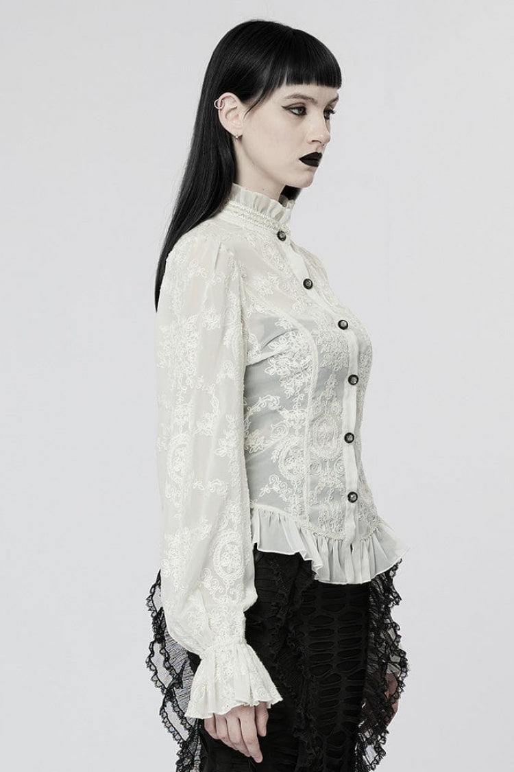 Gothic Lolita Blouse - Stand Collar Puff Embroidery, 2 Colors, Puff Sleeves, Stand Collar - additional product view 6