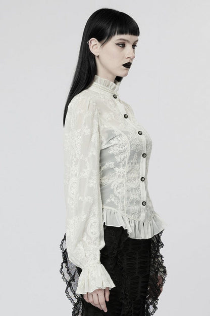 Gothic Lolita Blouse - Stand Collar Puff Embroidery, 2 Colors, Puff Sleeves, Stand Collar - additional product view 6
