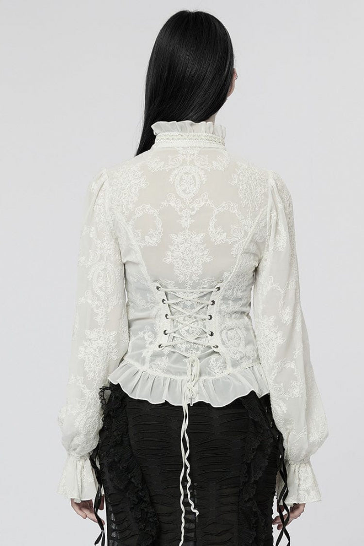 Gothic Lolita Blouse - Stand Collar Puff Embroidery, 2 Colors, Puff Sleeves, Stand Collar - additional product view 7