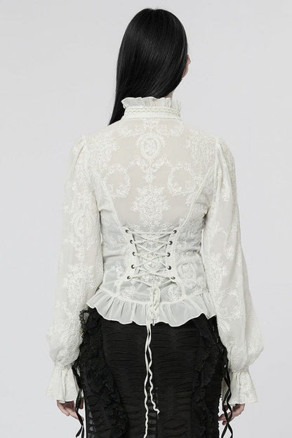 Gothic Lolita Blouse - Stand Collar Puff Embroidery, 2 Colors, Puff Sleeves, Stand Collar - additional product view 7