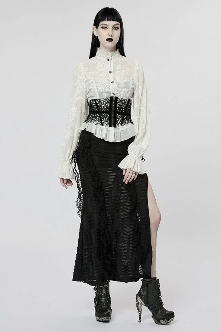 Gothic Lolita Blouse - Stand Collar Puff Embroidery, 2 Colors, Puff Sleeves, Stand Collar - additional product view 8