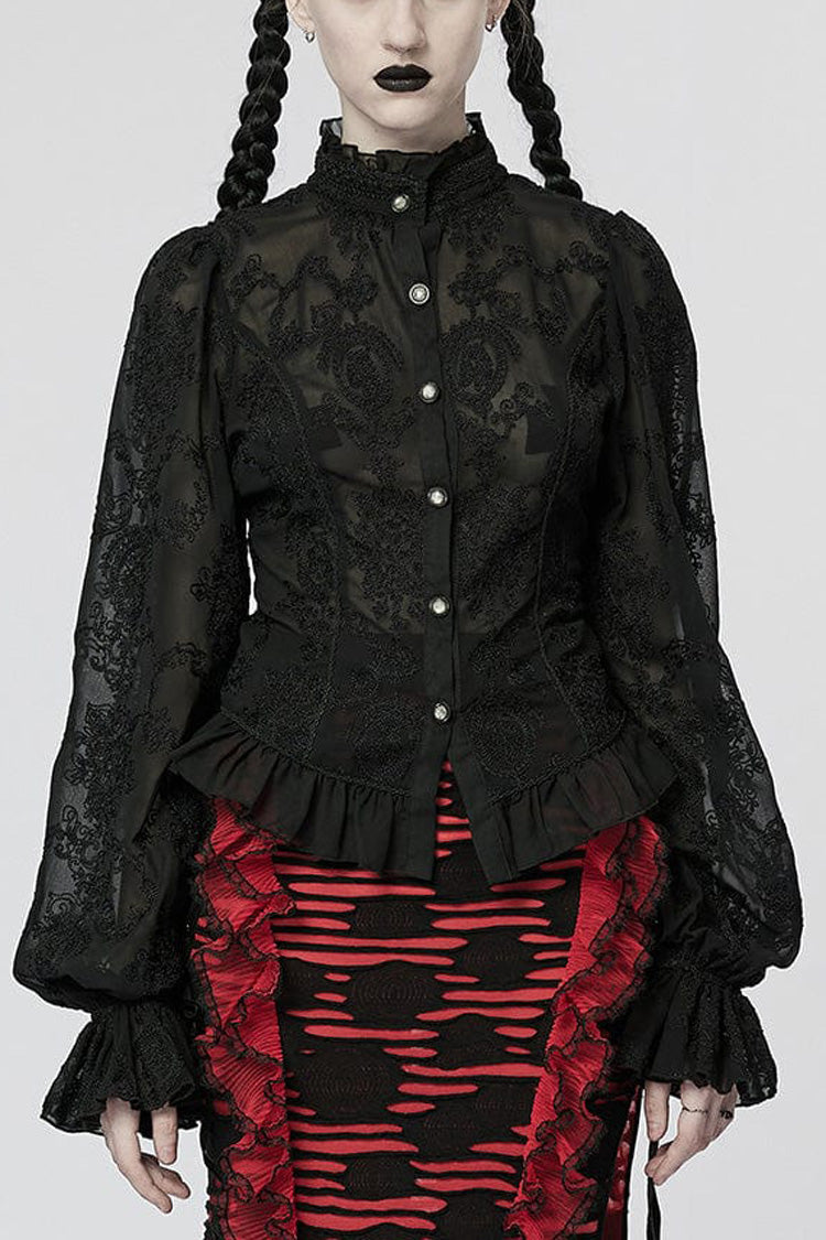 Gothic Lolita Blouse - Stand Collar Puff Embroidery, 2 Colors, Puff Sleeves, Stand Collar - main product image