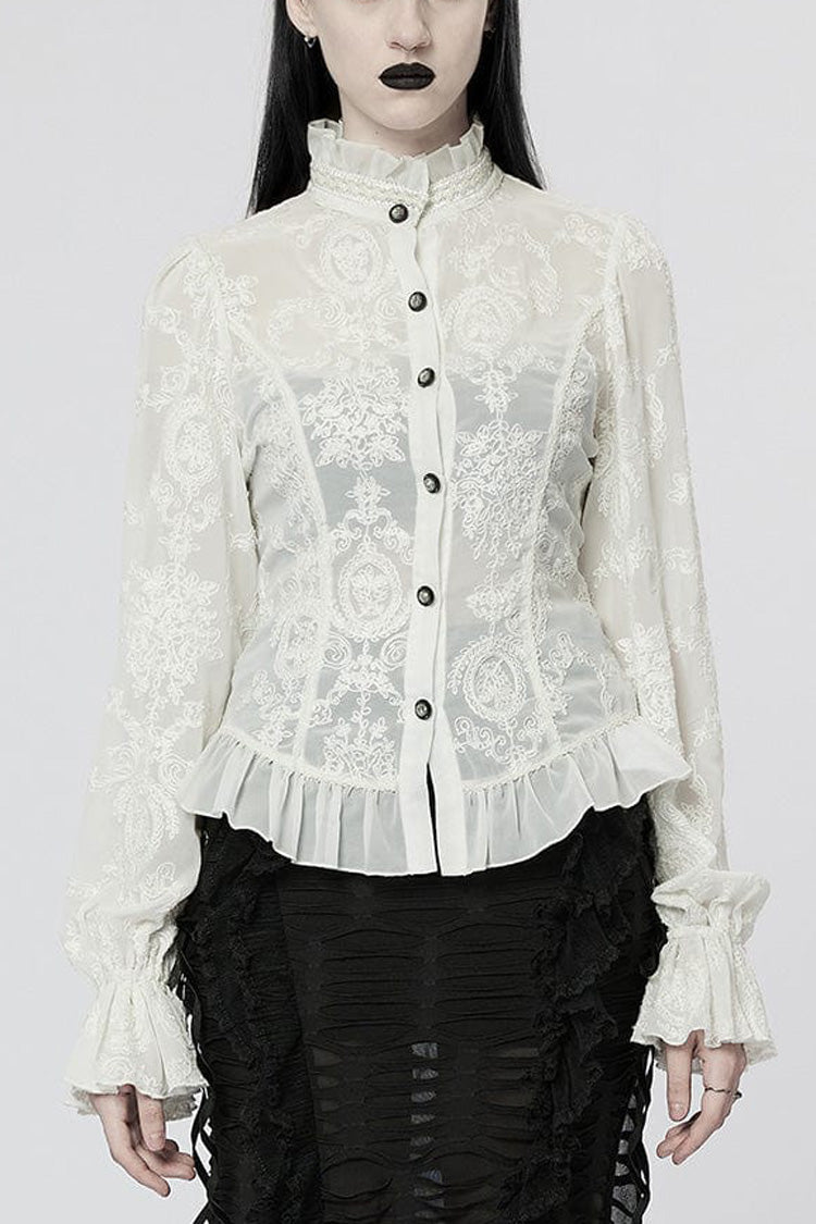 Gothic Lolita Blouse - Stand Collar Puff Embroidery, 2 Colors, Puff Sleeves, Stand Collar - XS White / S White / M White option
