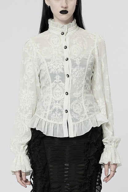 Gothic Lolita Blouse - Stand Collar Puff Embroidery, 2 Colors, Puff Sleeves, Stand Collar - XS White / S White / M White option