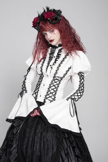 Gothic Lolita Blouse - Stand Collar Puff Floral, White, Puff Sleeves, Stand Collar - additional product view 2