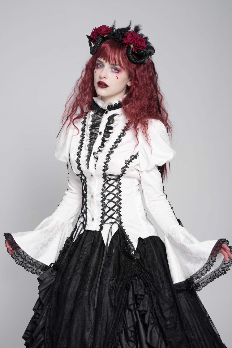 Gothic Lolita Blouse - Stand Collar Puff Floral, White, Puff Sleeves, Stand Collar - additional product view 3
