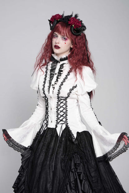 Gothic Lolita Blouse - Stand Collar Puff Floral, White, Puff Sleeves, Stand Collar - additional product view 3