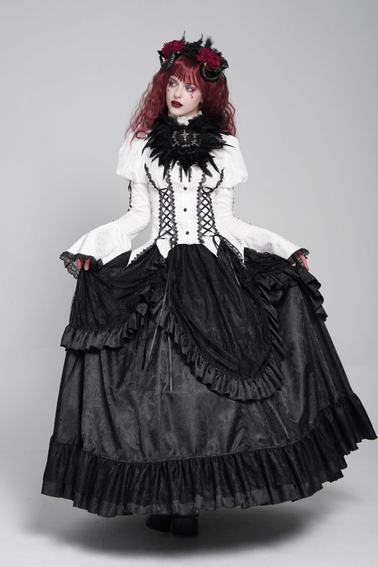 Gothic Lolita Blouse - Stand Collar Puff Floral, White, Puff Sleeves, Stand Collar - additional product view 4