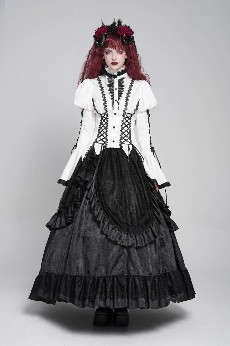 Gothic Lolita Blouse - Stand Collar Puff Floral, White, Puff Sleeves, Stand Collar - additional product view 5