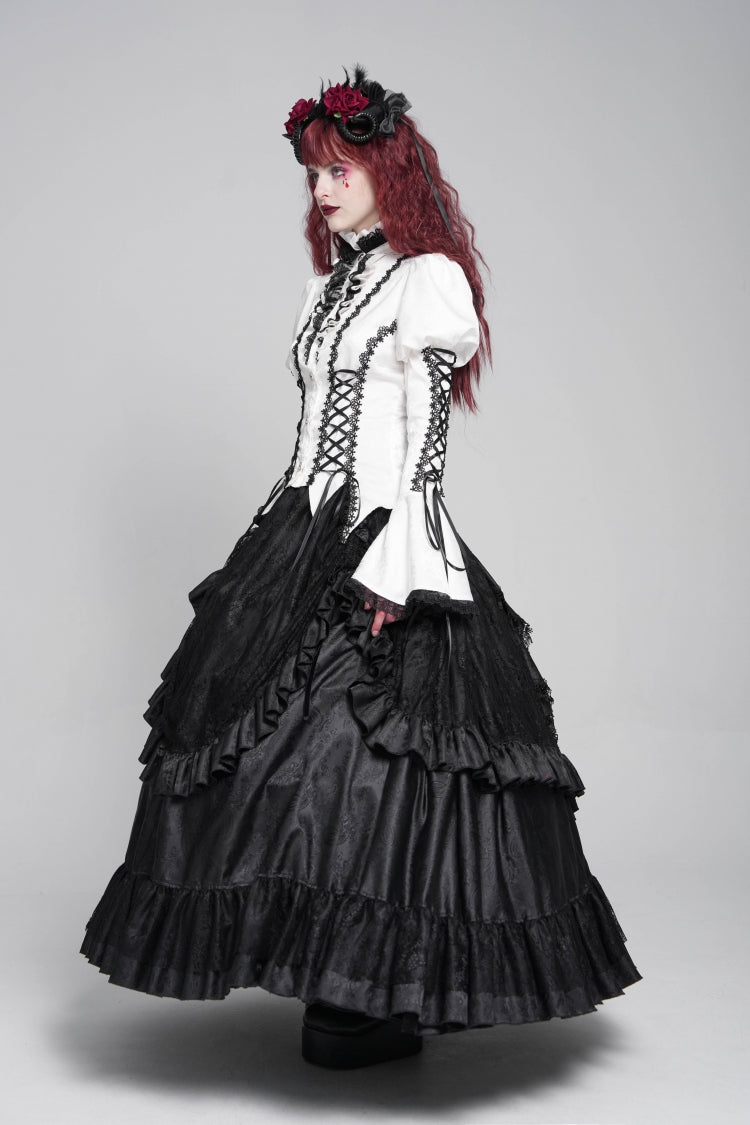Gothic Lolita Blouse - Stand Collar Puff Floral, White, Puff Sleeves, Stand Collar - additional product view 6