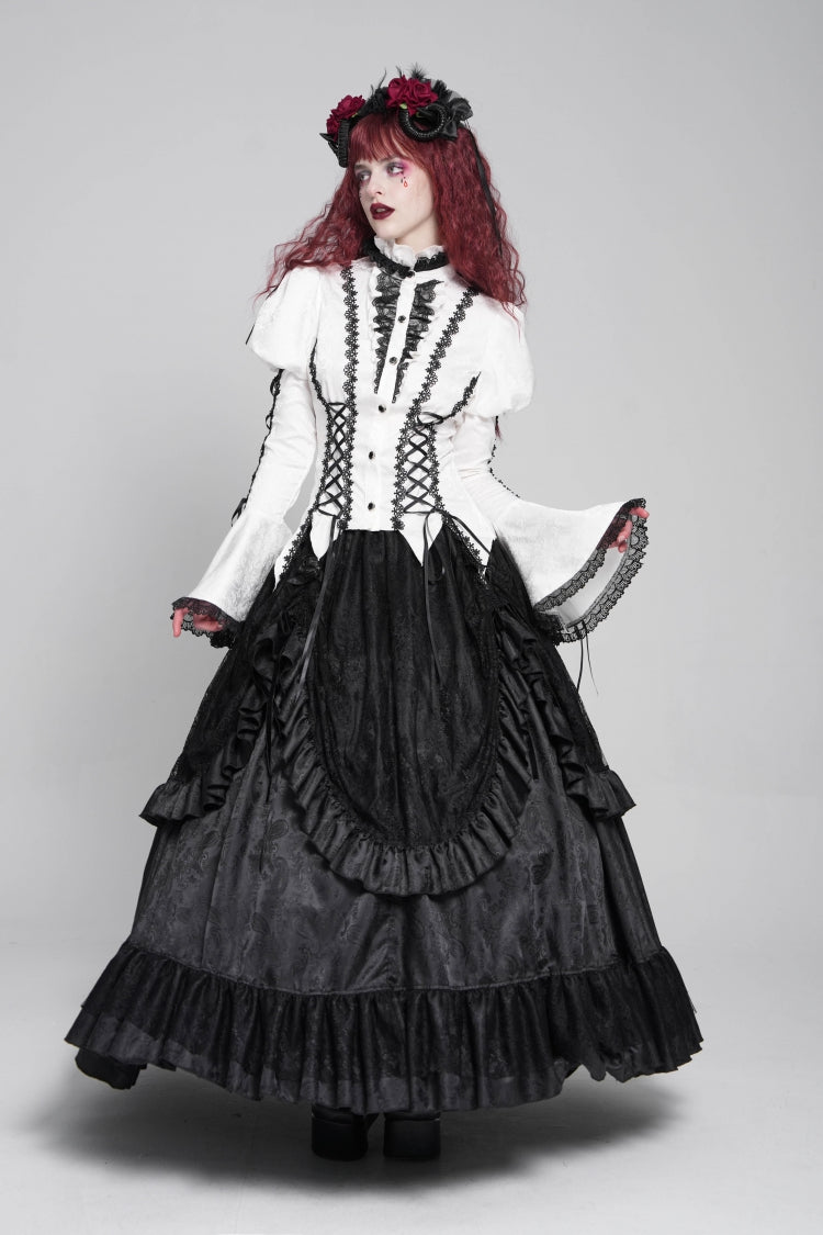 Gothic Lolita Blouse - Stand Collar Puff Floral, White, Puff Sleeves, Stand Collar - additional product view 7