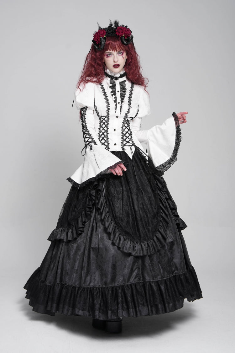 Gothic Lolita Blouse - Stand Collar Puff Floral, White, Puff Sleeves, Stand Collar - additional product view 8
