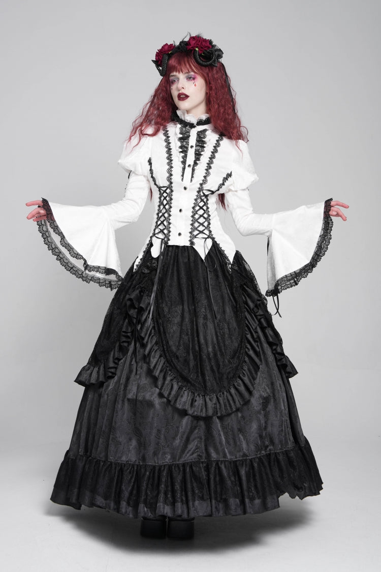 Gothic Lolita Blouse - Stand Collar Puff Floral, White, Puff Sleeves, Stand Collar - additional product view 9