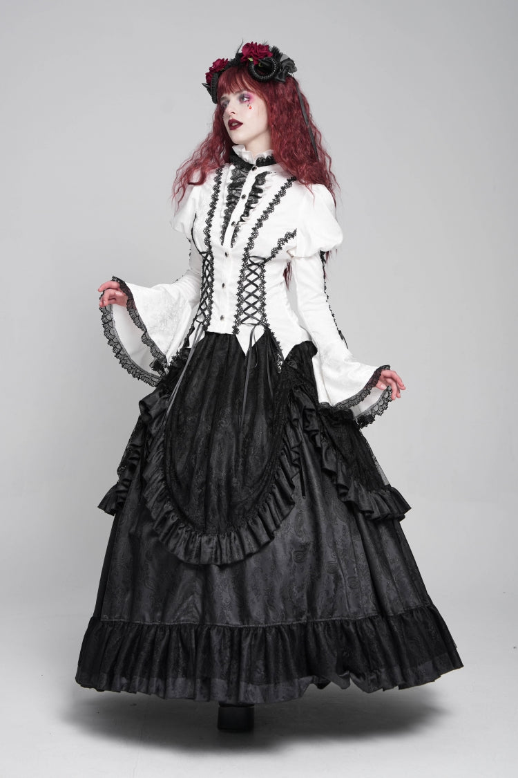 Gothic Lolita Blouse - Stand Collar Puff Floral, White, Puff Sleeves, Stand Collar - additional product view 10