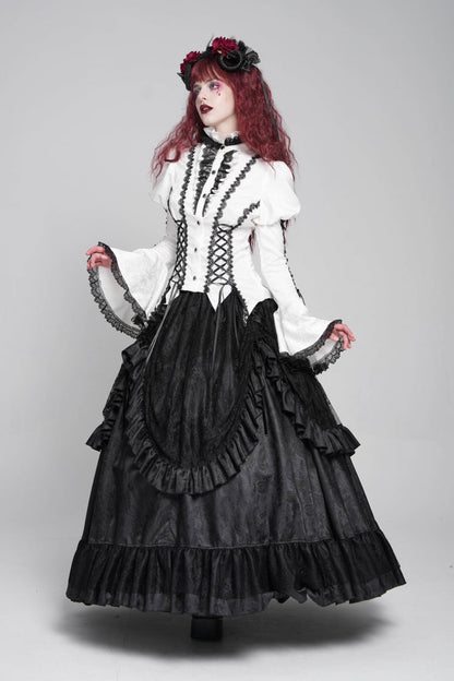 Gothic Lolita Blouse - Stand Collar Puff Floral, White, Puff Sleeves, Stand Collar - additional product view 10