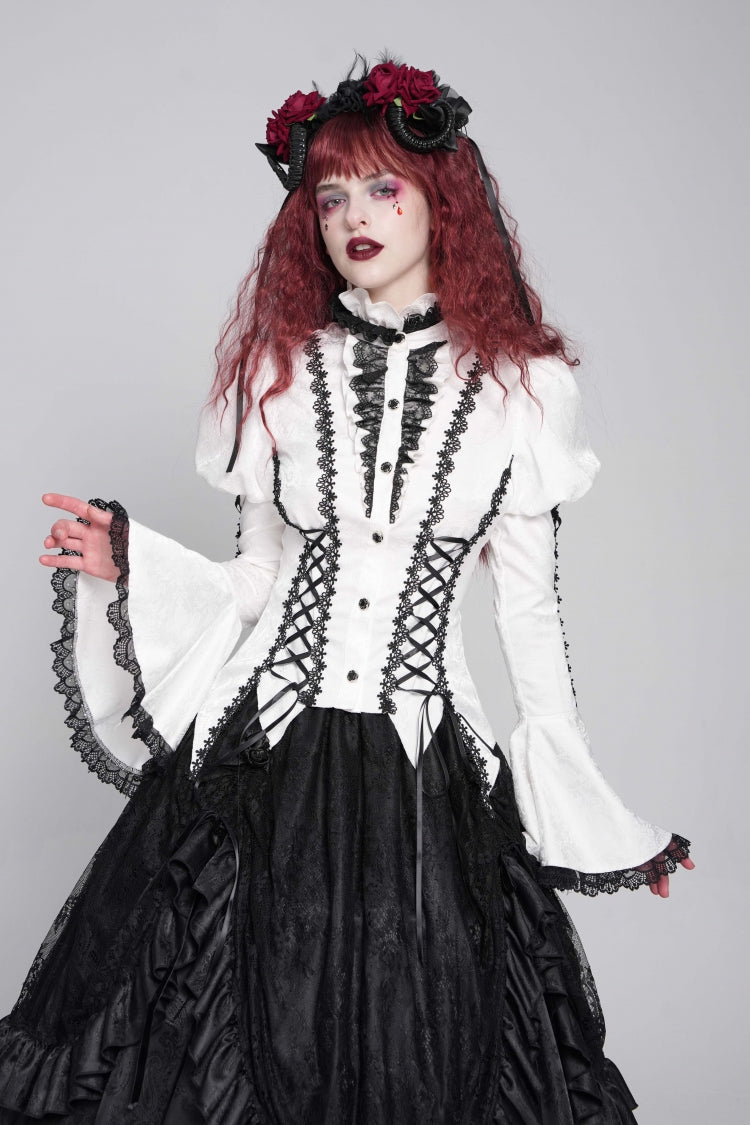 Gothic Lolita Blouse - Stand Collar Puff Floral, White, Puff Sleeves, Stand Collar - main product image