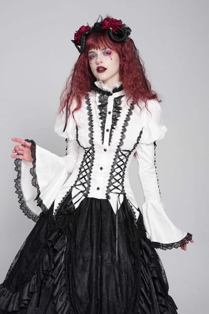Gothic Lolita Blouse - Stand Collar Puff Floral, White, Puff Sleeves, Stand Collar - main product image