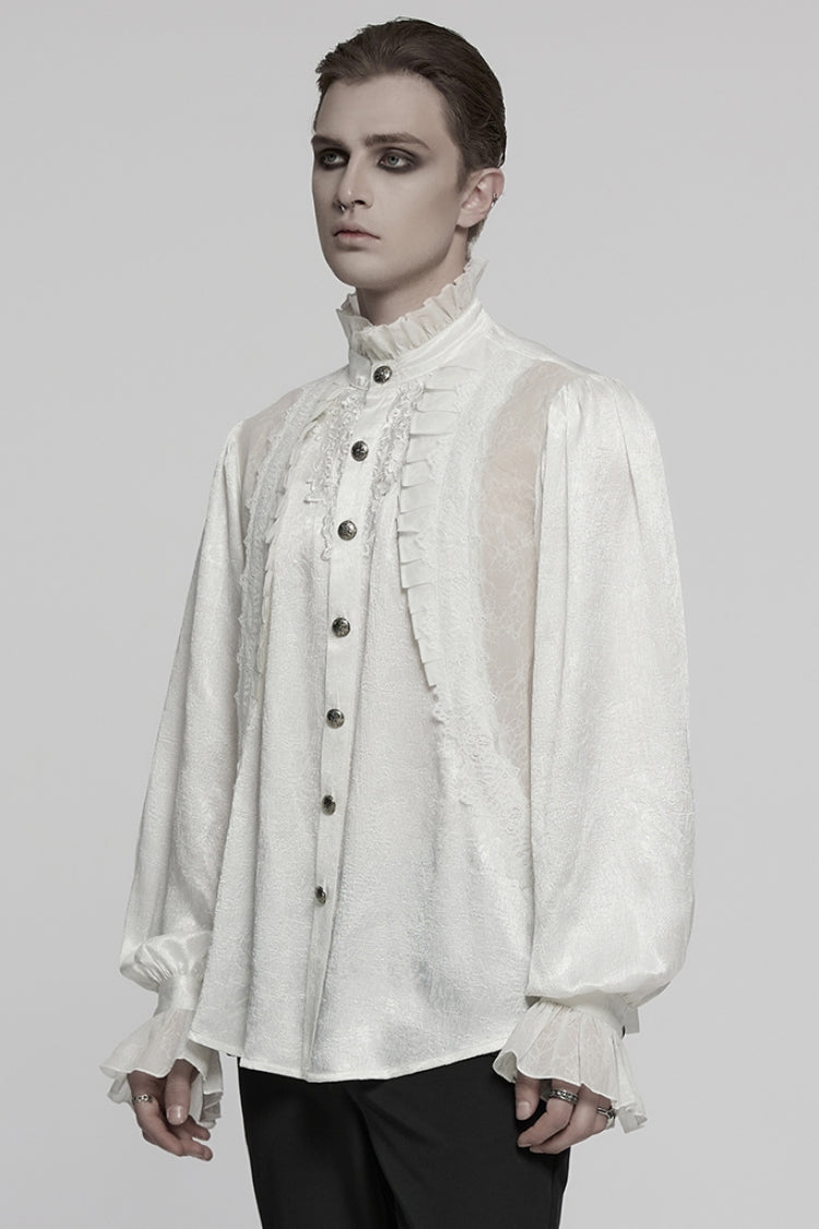 Gothic Lolita Blouse - Stand Collar Puff Jacquard, White, Puff Sleeves, Stand Collar - additional product view 2