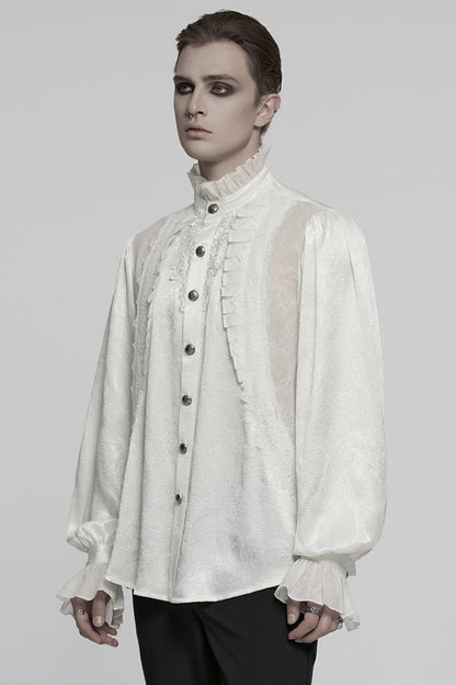 Gothic Lolita Blouse - Stand Collar Puff Jacquard, White, Puff Sleeves, Stand Collar - additional product view 2