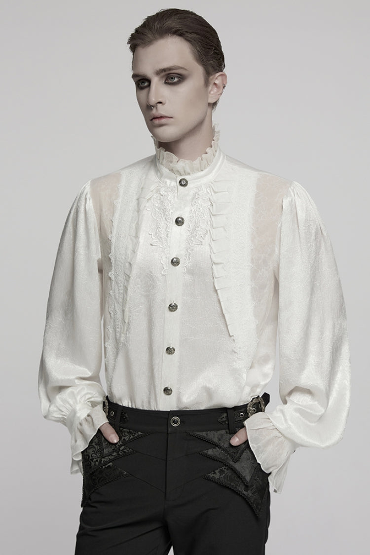 Gothic Lolita Blouse - Stand Collar Puff Jacquard, White, Puff Sleeves, Stand Collar - main product image
