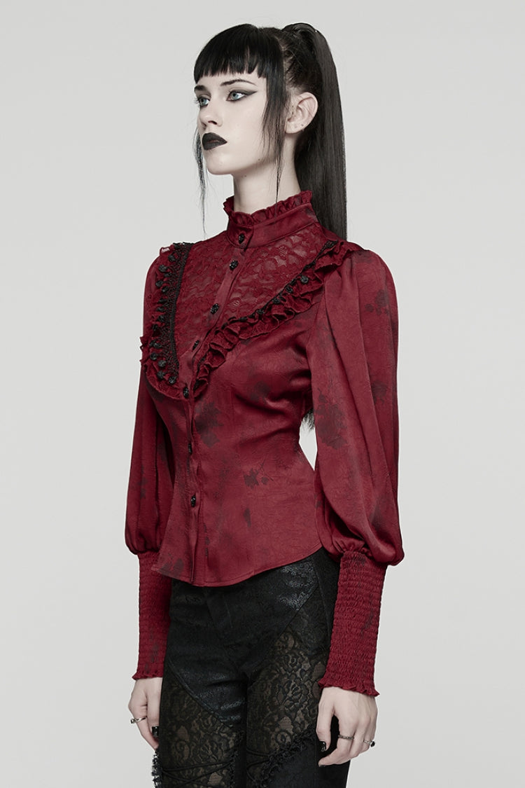 Gothic Lolita Blouse - Stand Collar Puff Ruffle, Red, Puff Sleeves, Stand Collar - additional product view 2