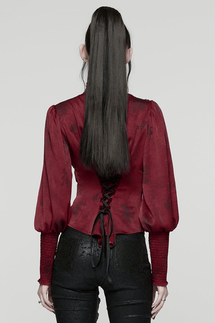 Gothic Lolita Blouse - Stand Collar Puff Ruffle, Red, Puff Sleeves, Stand Collar - additional product view 3