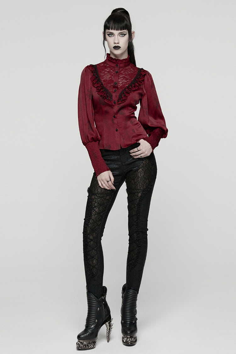 Gothic Lolita Blouse - Stand Collar Puff Ruffle, Red, Puff Sleeves, Stand Collar - additional product view 4