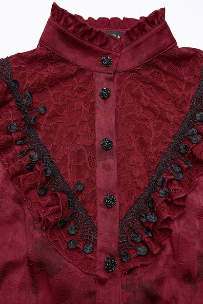 Gothic Lolita Blouse - Stand Collar Puff Ruffle, Red, Puff Sleeves, Stand Collar - additional product view 5