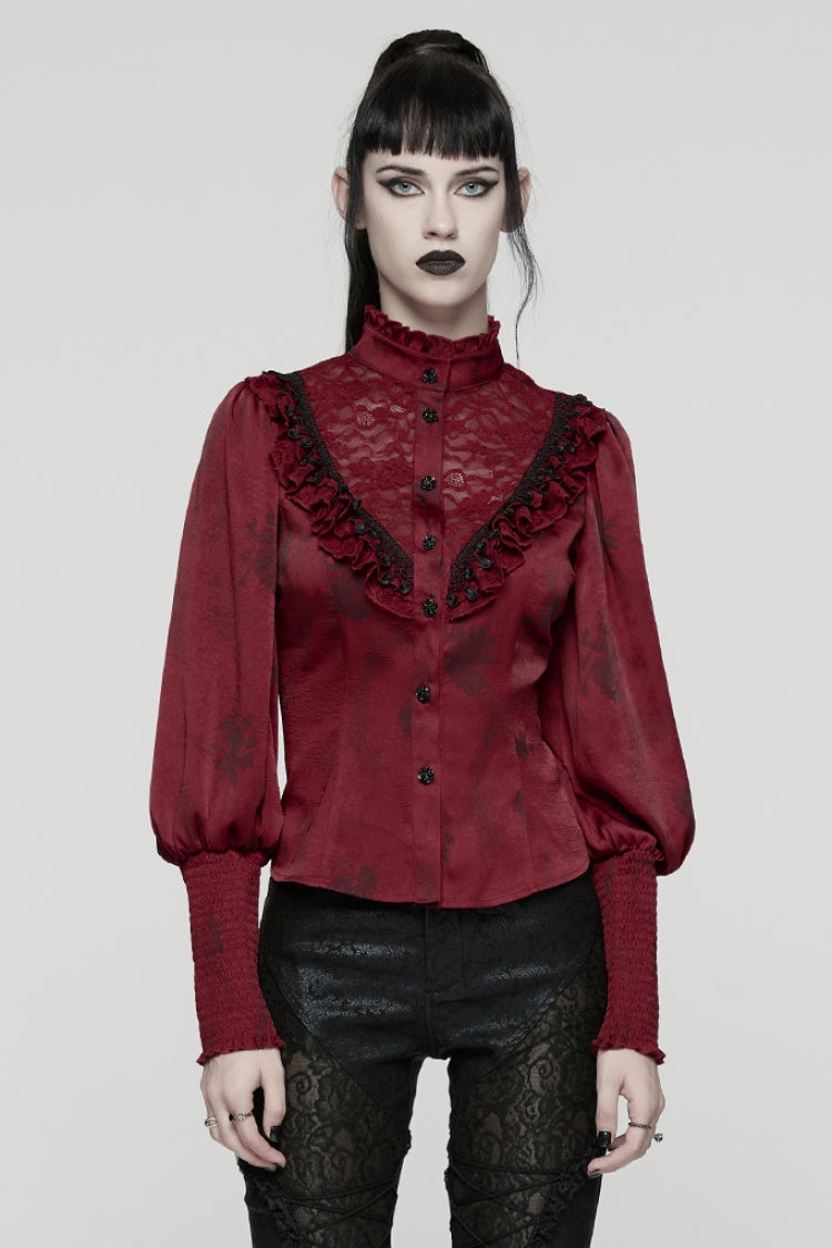 Gothic Lolita Blouse - Stand Collar Puff Ruffle, Red, Puff Sleeves, Stand Collar - main product image