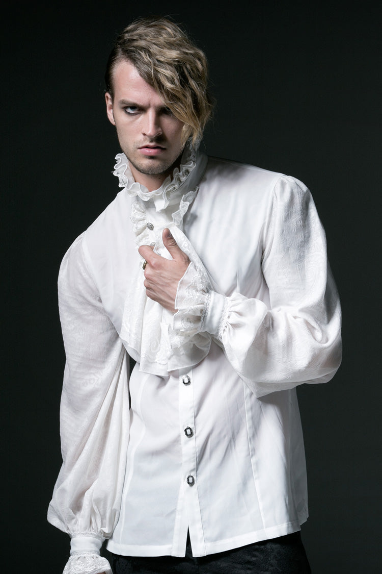 Gothic Lolita Blouse - Stand Collar Retro Button, White, Stand Collar, Men's Style - additional product view 3