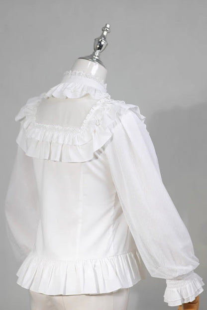 Gothic Lolita Blouse - Stand Collar Ruffle Bowknot, White, Stand Collar, Sweet Style - additional product view 2