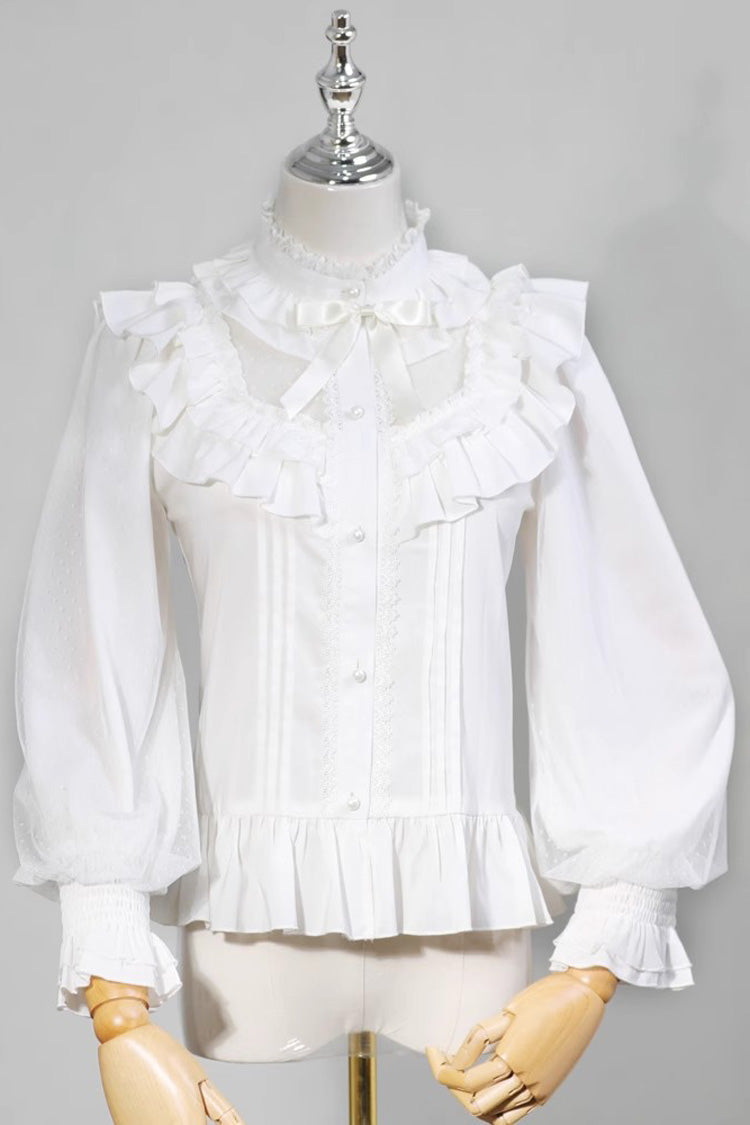 Gothic Lolita Blouse - Stand Collar Ruffle Bowknot, White, Stand Collar, Sweet Style - main product image