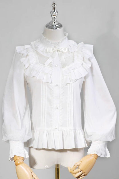 Gothic Lolita Blouse - Stand Collar Ruffle Bowknot, White, Stand Collar, Sweet Style - main product image