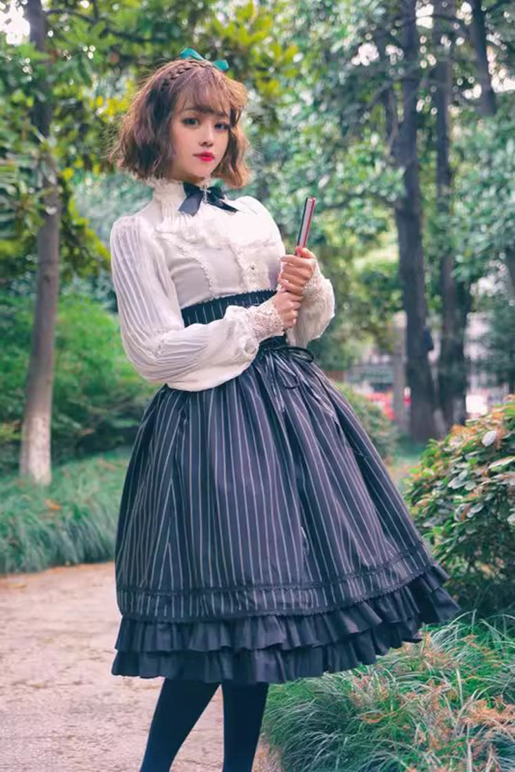Gothic Lolita Blouse - Stand Collar Ruffle Elegant, White, Stand Collar, Classic Style - additional product view 6