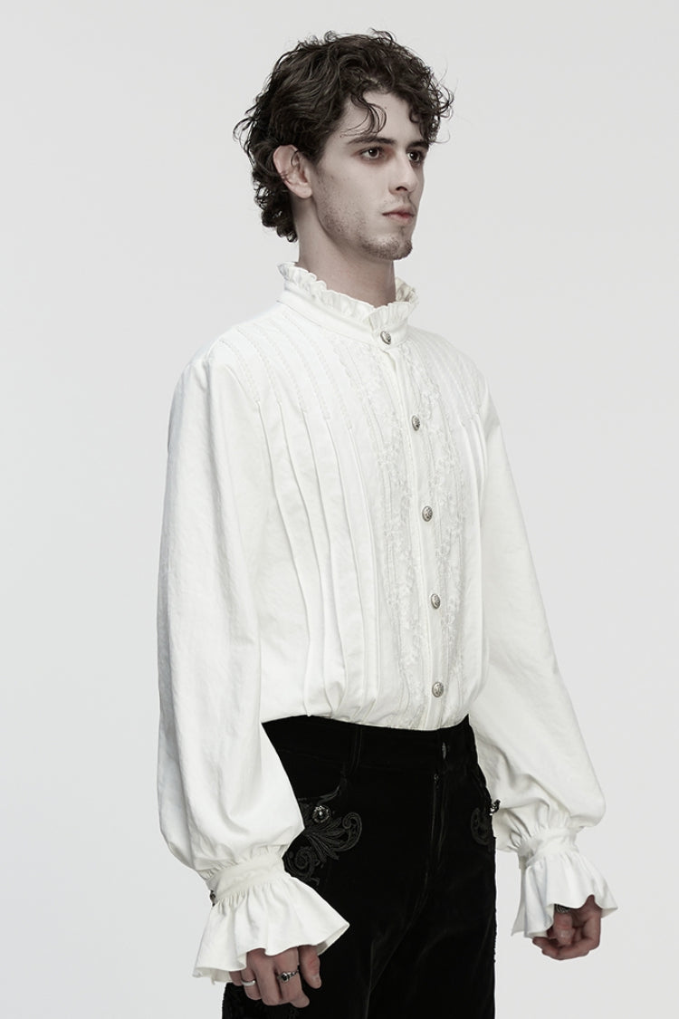Gothic Lolita Blouse - Stand Collar Ruffle Embroidery, White, Pleated, Stand Collar - additional product view 2