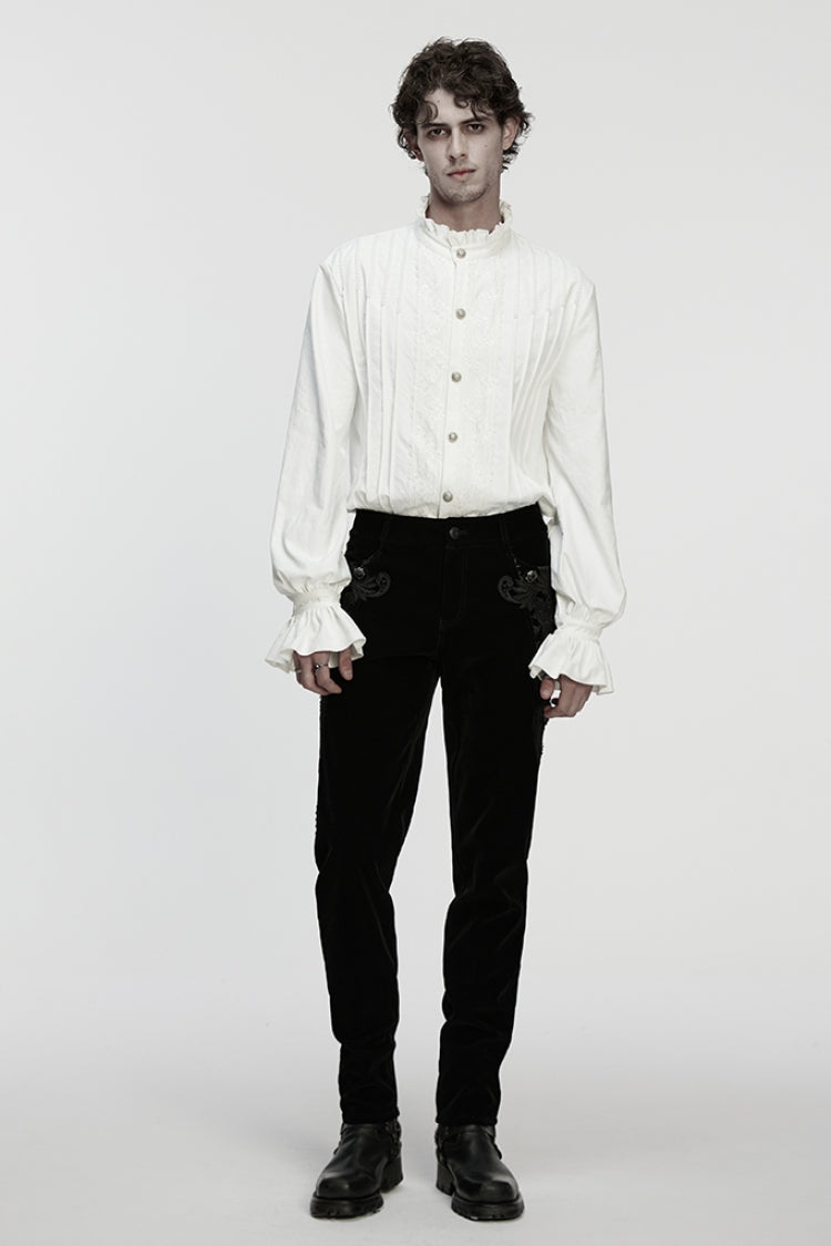 Gothic Lolita Blouse - Stand Collar Ruffle Embroidery, White, Pleated, Stand Collar - additional product view 4