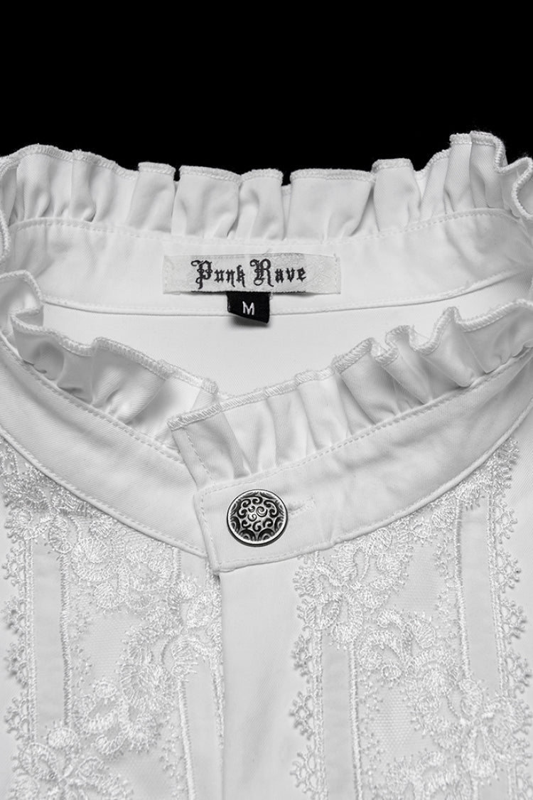 Gothic Lolita Blouse - Stand Collar Ruffle Embroidery, White, Pleated, Stand Collar - additional product view 5