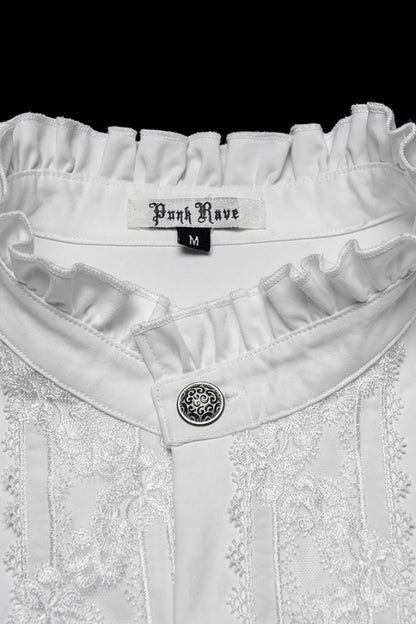 Gothic Lolita Blouse - Stand Collar Ruffle Embroidery, White, Pleated, Stand Collar - additional product view 5