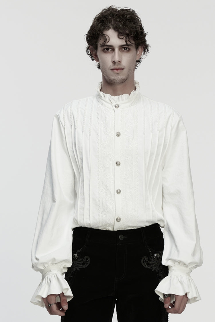 Gothic Lolita Blouse - Stand Collar Ruffle Embroidery, White, Pleated, Stand Collar - main product image
