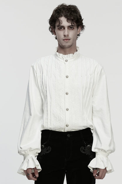 Gothic Lolita Blouse - Stand Collar Ruffle Embroidery, White, Pleated, Stand Collar - main product image