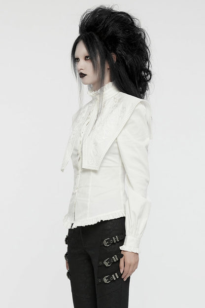 Gothic Lolita Blouse - Stand Collar Ruffle Lace-up, White, Stand Collar, Women's Style - additional product view 2