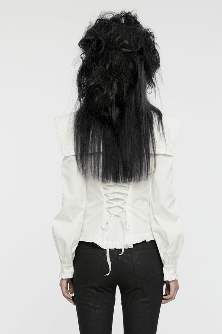 Gothic Lolita Blouse - Stand Collar Ruffle Lace-up, White, Stand Collar, Women's Style - additional product view 3