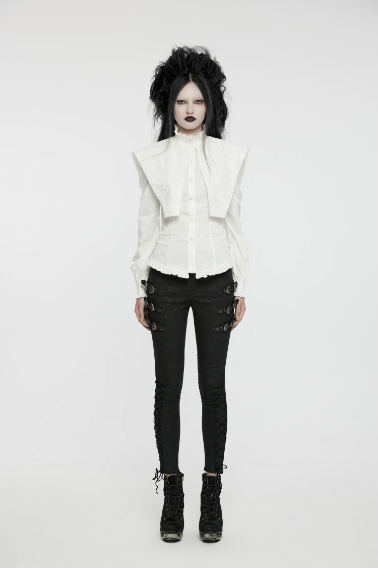 Gothic Lolita Blouse - Stand Collar Ruffle Lace-up, White, Stand Collar, Women's Style - additional product view 4