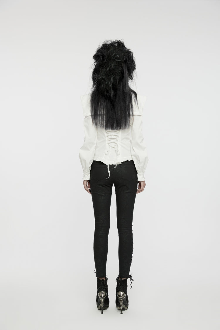 Gothic Lolita Blouse - Stand Collar Ruffle Lace-up, White, Stand Collar, Women's Style - additional product view 5