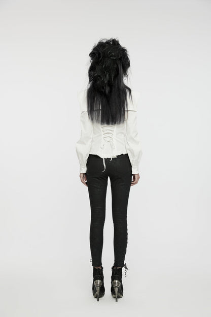 Gothic Lolita Blouse - Stand Collar Ruffle Lace-up, White, Stand Collar, Women's Style - additional product view 5