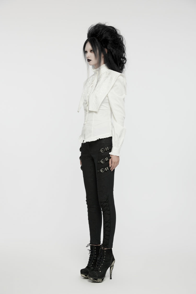 Gothic Lolita Blouse - Stand Collar Ruffle Lace-up, White, Stand Collar, Women's Style - additional product view 6