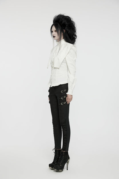 Gothic Lolita Blouse - Stand Collar Ruffle Lace-up, White, Stand Collar, Women's Style - additional product view 6
