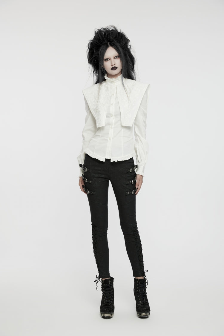 Gothic Lolita Blouse - Stand Collar Ruffle Lace-up, White, Stand Collar, Women's Style - additional product view 7