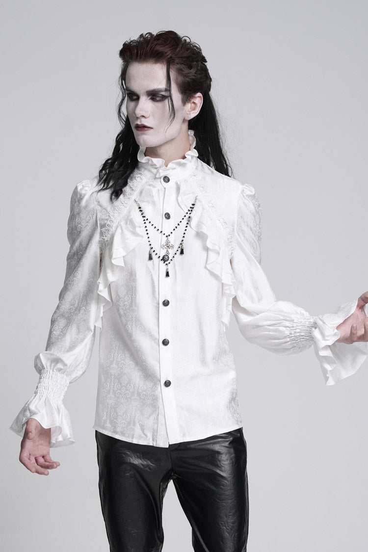 Gothic Lolita Blouse - Stand Collar Ruffle Lace, White, Stand Collar, Men's Style - additional product view 4