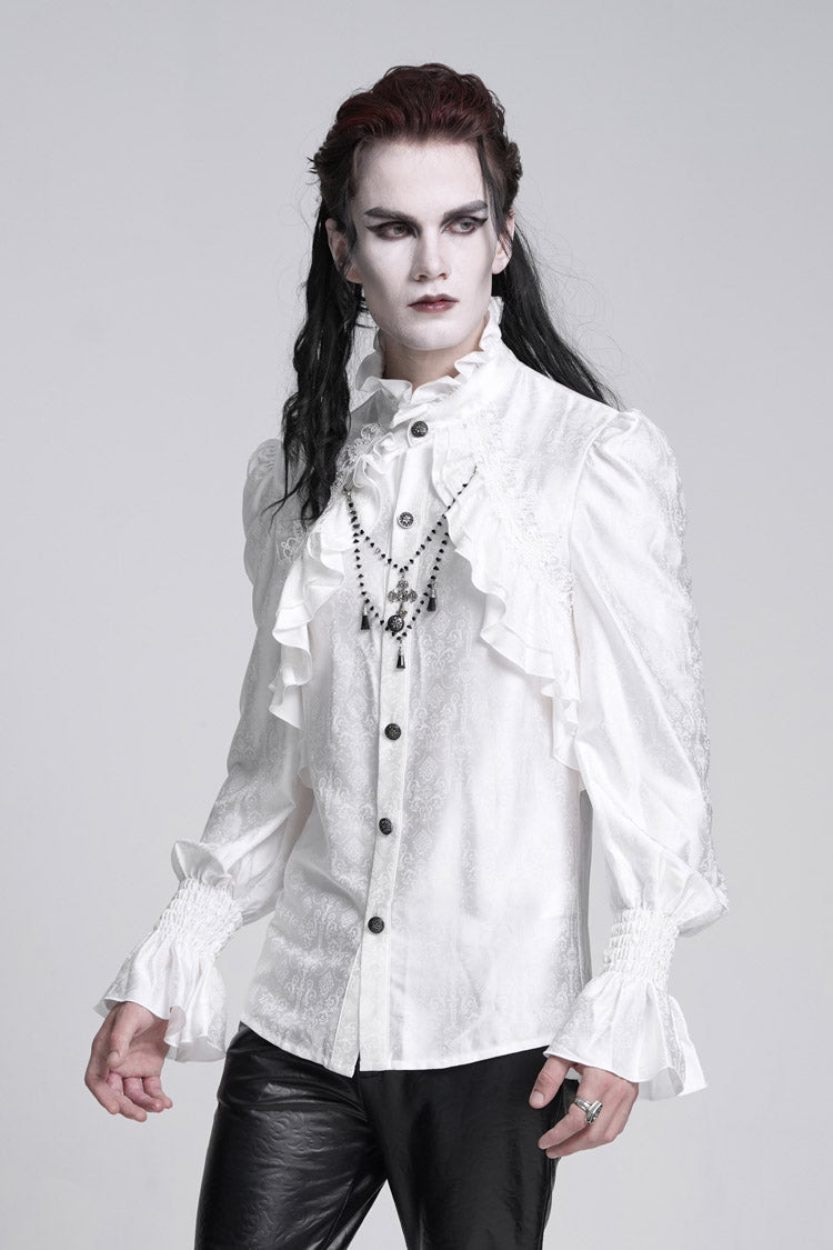 Gothic Lolita Blouse - Stand Collar Ruffle Lace, White, Stand Collar, Men's Style - additional product view 5